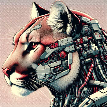 Profile photo of a digitally illustrated mountain lion with a cybernetic, robotic half-face, set against a subtle geometric background.