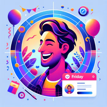 Profile photo of a cheerful man surrounded by balloons, confetti, and a Happy Friday tag, depicted in a vibrant, celebratory illustration.