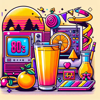 Colorful retro-themed avatar with a glass of orange juice, vibrant 80s elements, and sunset background.