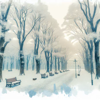 Winter wonderland avatar featuring a serene, snowy park with barren trees and empty benches along a peaceful path.
