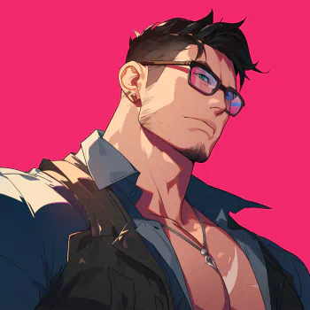 Cool anime boy avatar with glasses against a pink background.