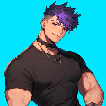 Avatar of a cool anime boy with spiky purple hair and a muscular build, wearing a black t-shirt, set against a blue background.