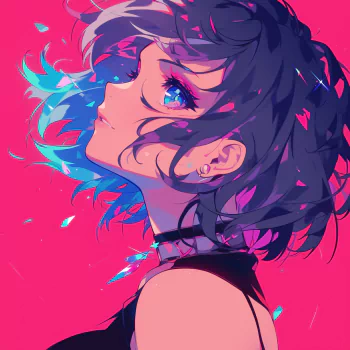 Anime girl profile photo with vibrant blue and pink hues, featuring a cool, stylized female character with flowing hair and intense gaze.