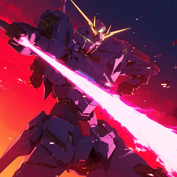 A dynamic anime avatar featuring a Gundam in action, wielding a glowing sword against a vibrant sunset backdrop, showcasing cool anime aesthetics.