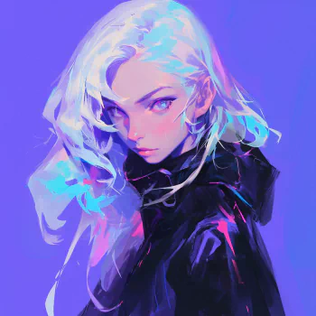 Anime girl with long, flowing white hair and striking purple eyes, wearing a dark jacket against a vibrant purple background. Cool and captivating profile photo for forums.