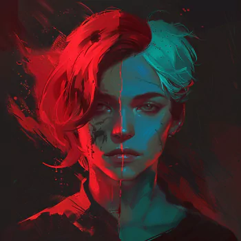 Avatar featuring a split personality concept with a face divided into red and blue hues, each side exhibiting contrasting expressions.