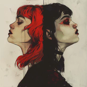 Profile photo depicting an artistic representation of split personality, featuring two sides of a woman's face, one with red hair and the other with black, both looking away from each other.