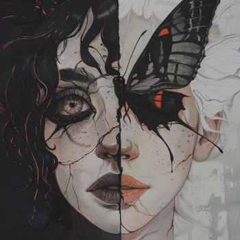 Avatar featuring a split portrait of a woman with contrasting black and white sides, divided by a butterfly at the center.