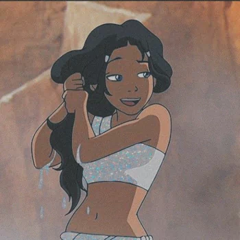 A profile photo of Katara from Avatar: The Last Airbender, featuring her smiling as she playfully wrings out her long, dark hair while wearing a sparkly top.