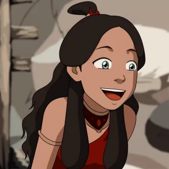 A vibrant avatar featuring Katara from *Avatar: The Last Airbender*, showcasing her joyful expression and iconic braided hair against a soft background.