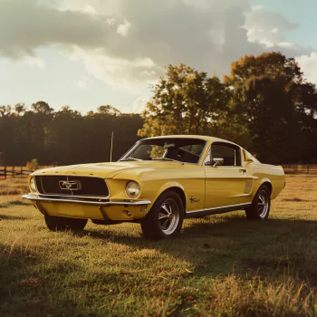 Avatar image of a classic yellow Ford Mustang in a field at sunset, representing a user's profile picture.