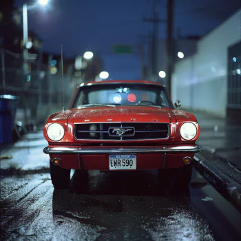 Red Ford Mustang avatar with a nighttime city backdrop.