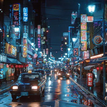 Illuminated night scene in Tokyo with glowing neon signs and bustling traffic for a profile picture.