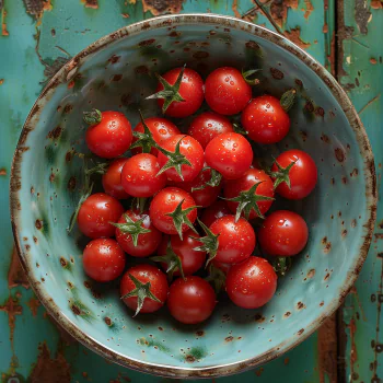 A vibrant bowl of fresh cherry tomatoes, glistening with moisture, set against a textured turquoise background. This image serves as a lively forum avatar.