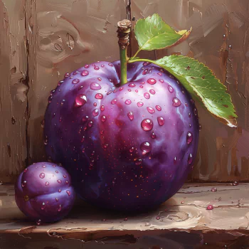 Avatar of a ripe, dew-kissed plum with a smaller plum beside it, set against a textured wooden backdrop, perfect for a fresh and natural profile picture.