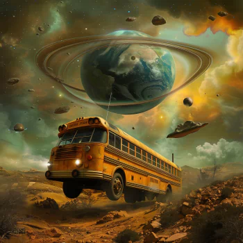 Fantasy avatar of a school bus soaring through a surreal space scene with planet rings and a spaceship