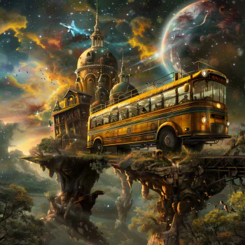 Fantasy avatar featuring a school bus parked near a mystical floating castle under a starry sky with distant planets.