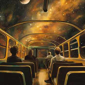 A whimsical avatar image of passengers on a school bus with a cosmic starry sky seen through the windows, blending the concept of an ordinary bus journey with the vastness of the universe.