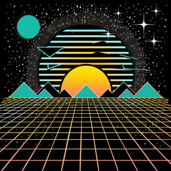 Retro-style avatar featuring a synthwave sunrise over mountains with a grid foreground.