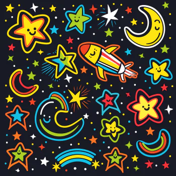 Colorful space-themed avatar with stars, moons, a rocket, and rainbows on a black background.