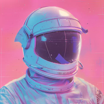 Retro-styled spaceman avatar with a colorful pink and blue background.