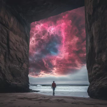 Person standing at the entrance of a cave with a view of a vibrant pink nebula in the night sky above the ocean, used as a dramatic and surreal profile picture.