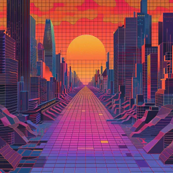 Retro-style digital art avatar featuring vibrant colors depicting a futuristic cityscape with a large sun setting in the background, perfect for a profile picture.