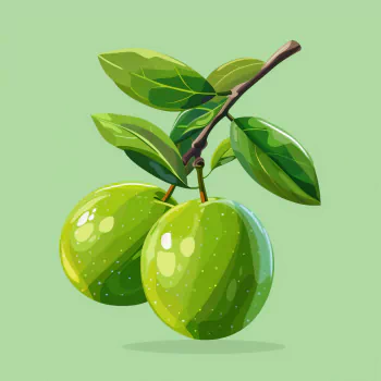 Illustrated avatar of two vibrant green olives with leaves on a branch against a soft green background.