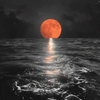Red moonrise over ocean with reflection for profile picture/avatar.