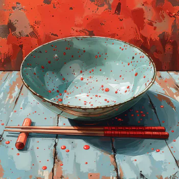 Illustration of an empty bowl with red splatter design and a pair of red chopsticks on a blue table, used as a creative avatar or profile picture.