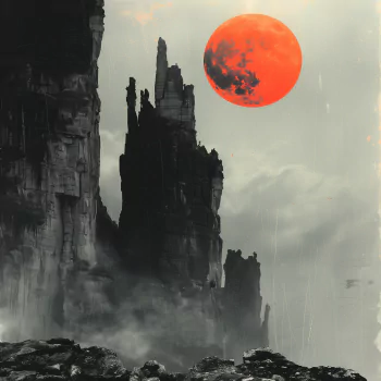 Avatar image featuring a dramatic moonrise with a large red moon over jagged, silhouetted cliffs against a moody sky.