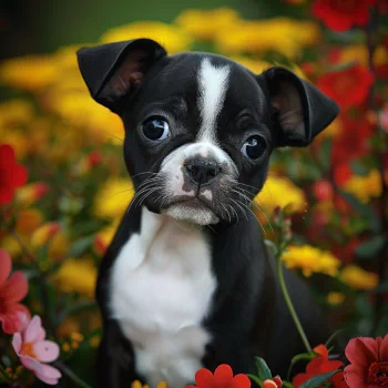 Avatar of a cute Boston Terrier puppy with a striking black and white coat, sitting amidst colorful flowers.