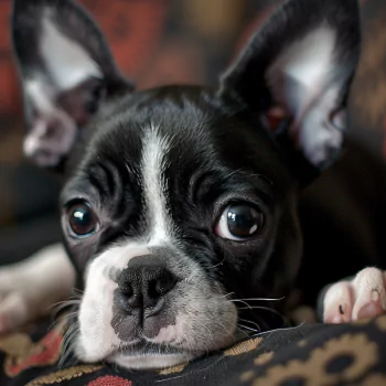 A close-up of a Boston Terrier with large, expressive eyes and distinct black and white markings, resting comfortably on a patterned surface, used as a forum avatar.