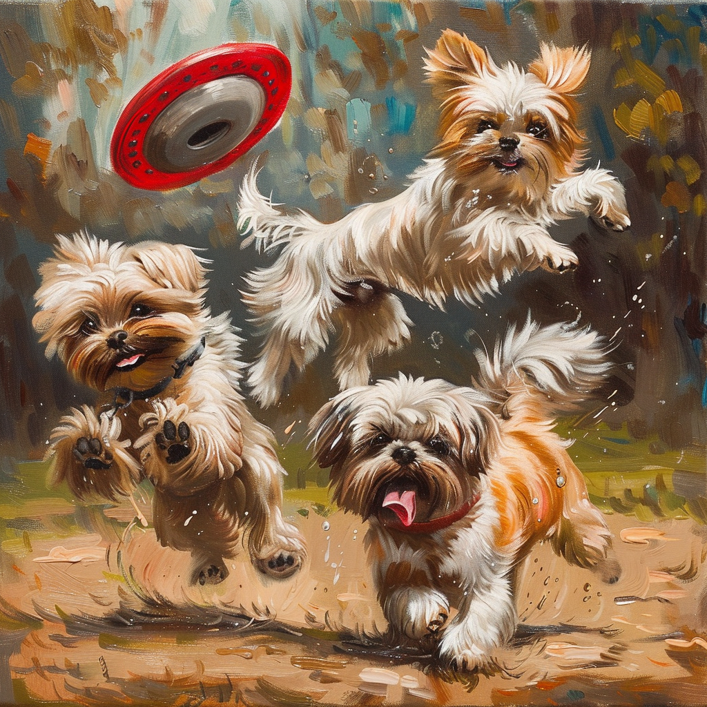 Avatar of Yorkshire Terrier and Shih Tzu dogs playfully jumping towards a flying frisbee.
