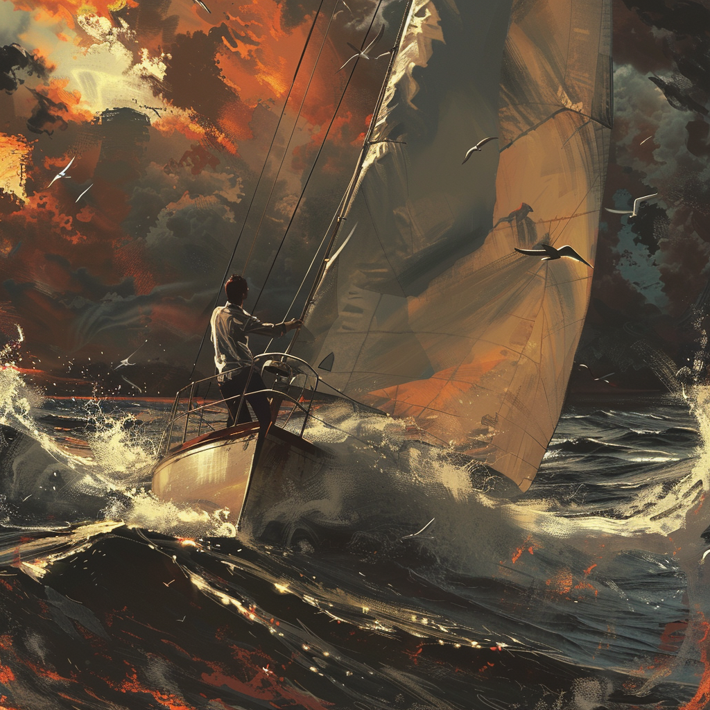 Profile photo of a sailor steering a sailboat across turbulent ocean waters under a dramatic sunset sky.