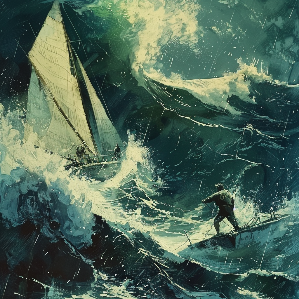 A dramatic scene depicting a sailor navigating a sailboat through tumultuous ocean waves, capturing the thrill and challenges of seafaring adventure.