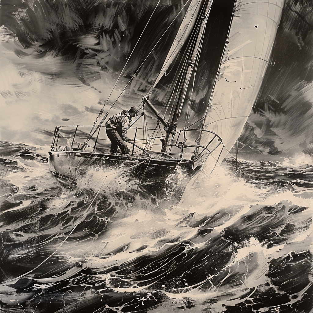Avatar of a sailor navigating a sailboat through a turbulent ocean, depicting adventure and seamanship in a dramatic black and white illustration.