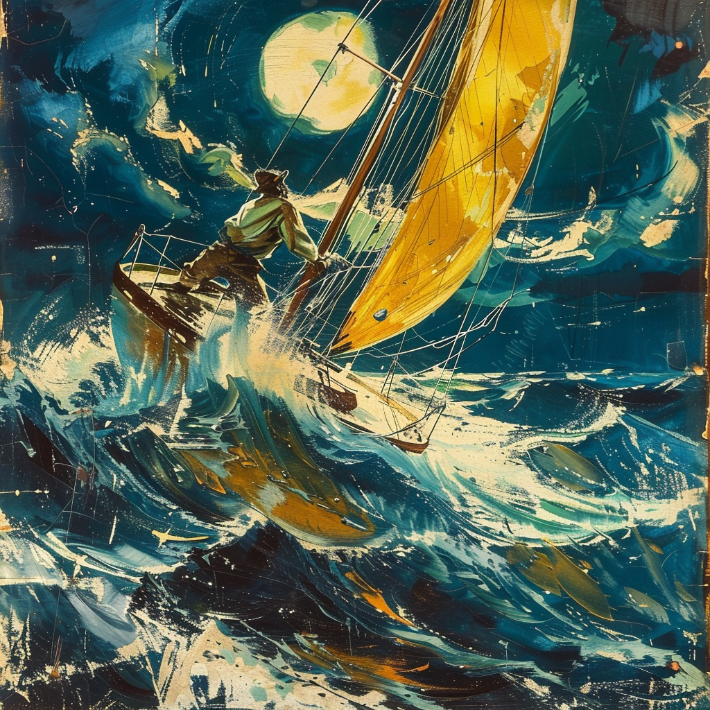 Dynamic avatar of a sailor navigating a sailboat on the turbulent ocean waves under a night sky with a full moon.