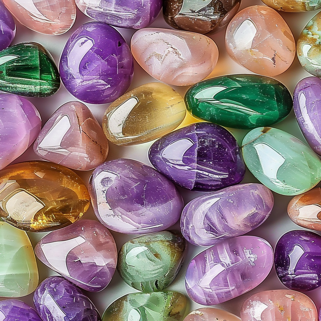 Assortment of colorful polished gemstones including Rose Quartz, Aventurine, Citrine, and Amethyst used as a vibrant avatar image.