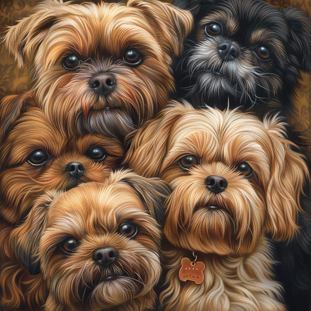 Profile photo of a group of five adorable Shih Tzu and Yorkshire Terrier dogs, closely assembled and looking directly at the viewer.