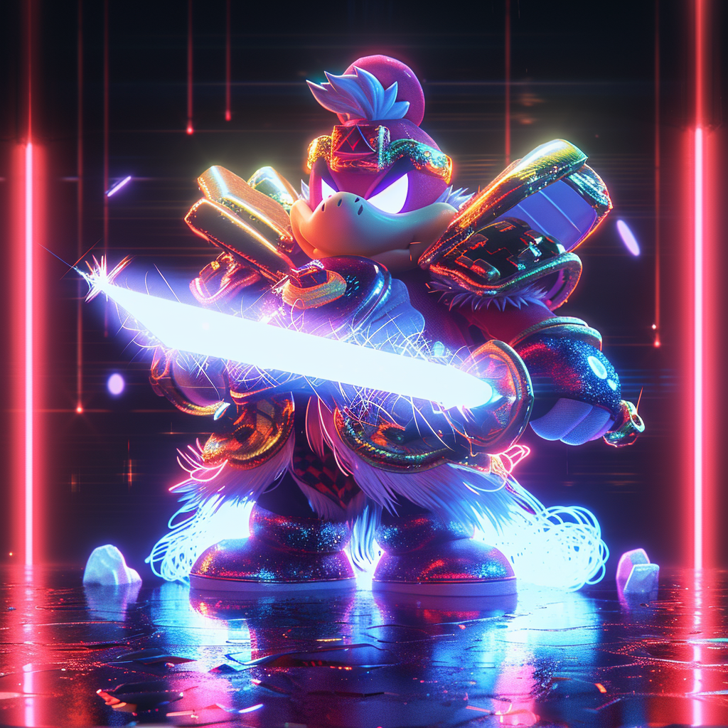 Stylized fan art avatar of King Dedede with a glowing hammer, set against a neon-lit backdrop for a dynamic profile picture.