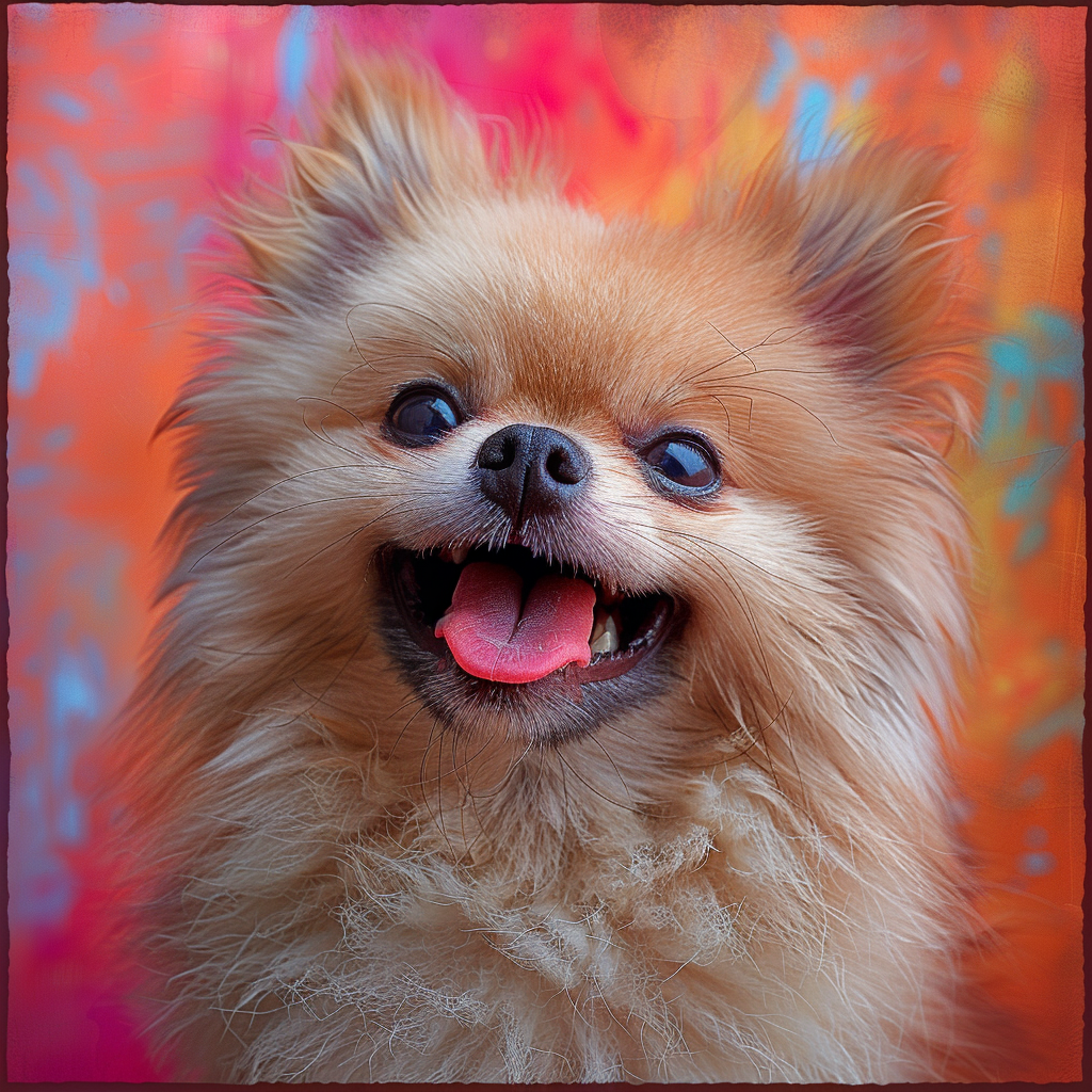 Smiling Pomeranian dog avatar with a colorful background for profile picture use.