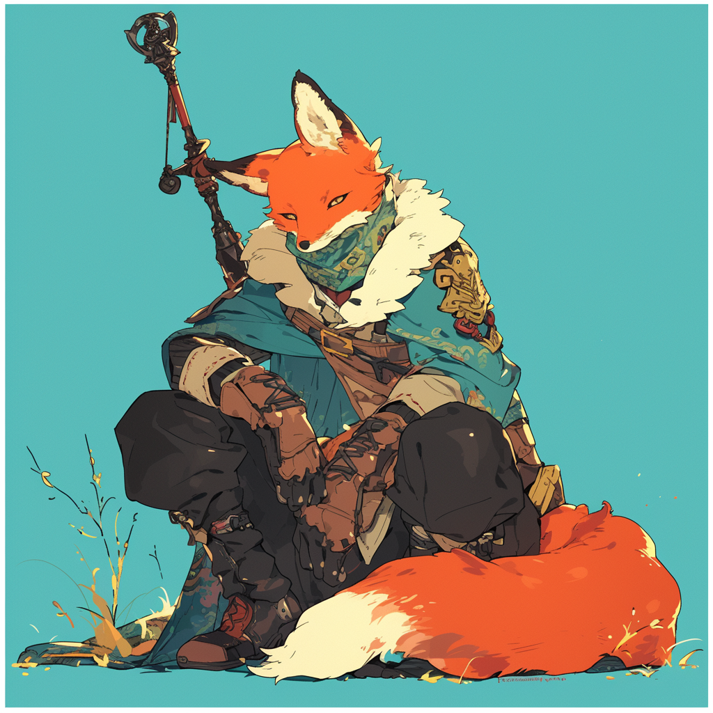 Anime-style avatar featuring a red fox character dressed in adventurous attire, wielding a staff, sitting against a soft blue background.