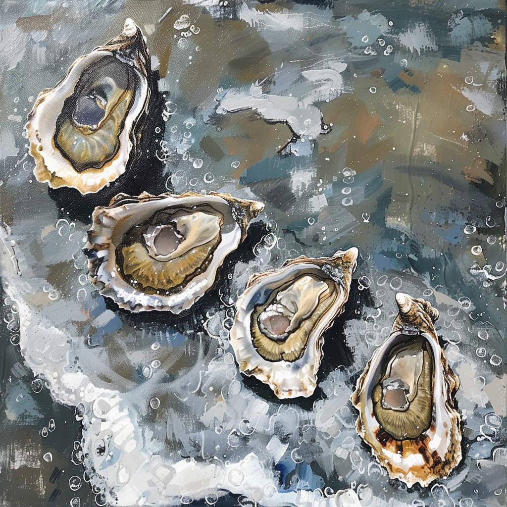 Artistic avatar image of fresh oysters on the half shell set against an ocean backdrop