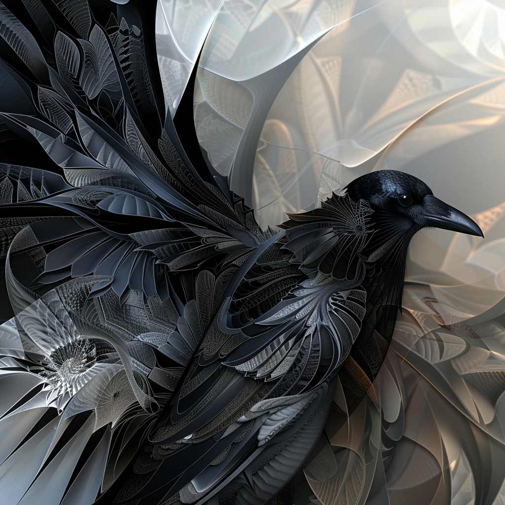 Abstract fractal avatar featuring a stylized black bird with intricate patterns for use as a profile picture.