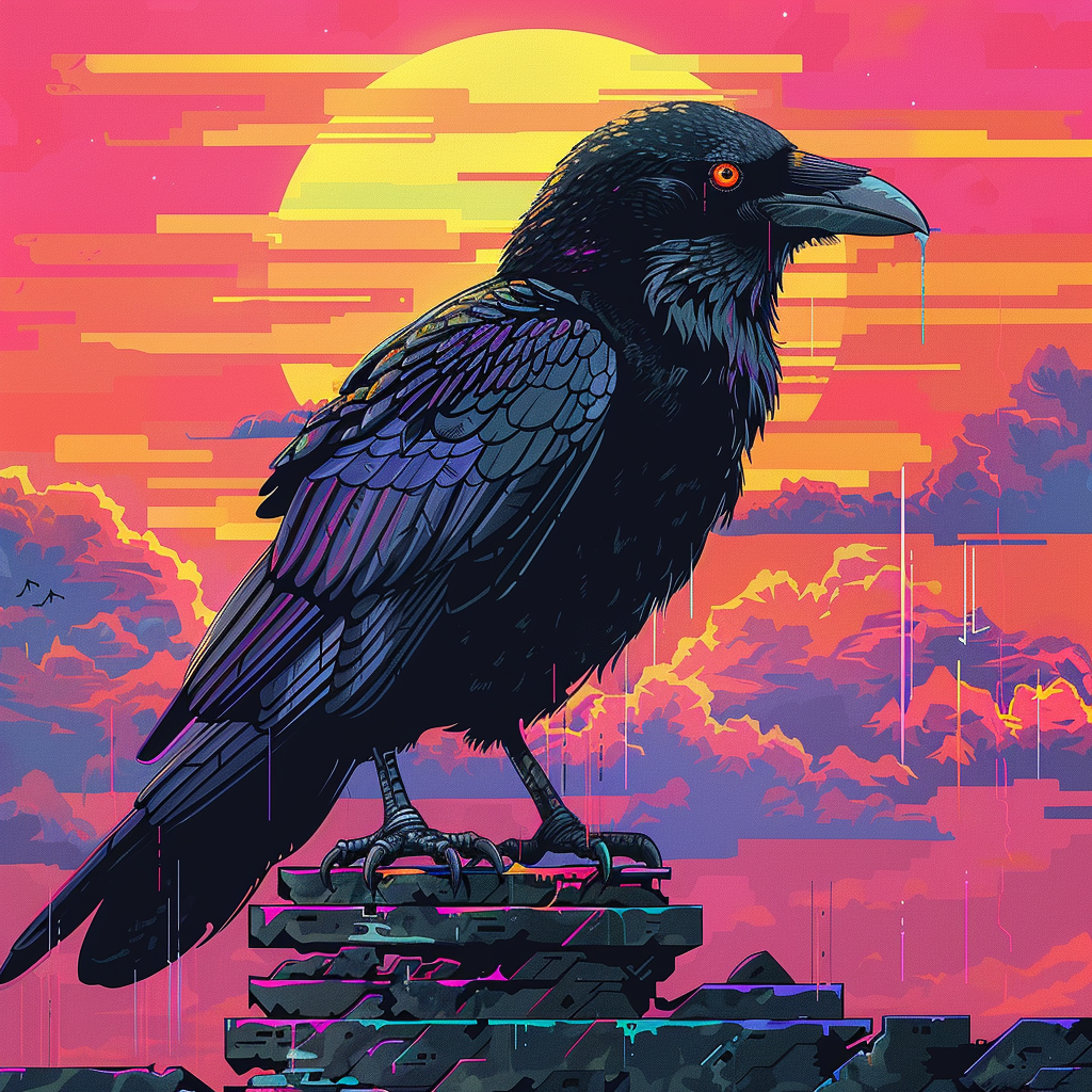 Profile photo featuring a stylized illustration of a raven against a vibrant pink and purple sunset.