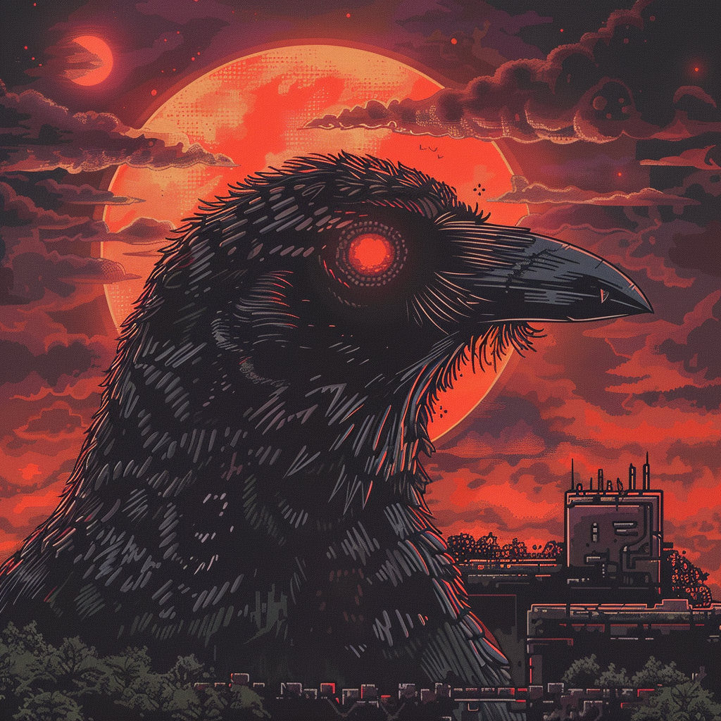 Profile photo featuring an artistic depiction of a raven's head, set against a striking backdrop of a red moon and silhouetted cityscape.