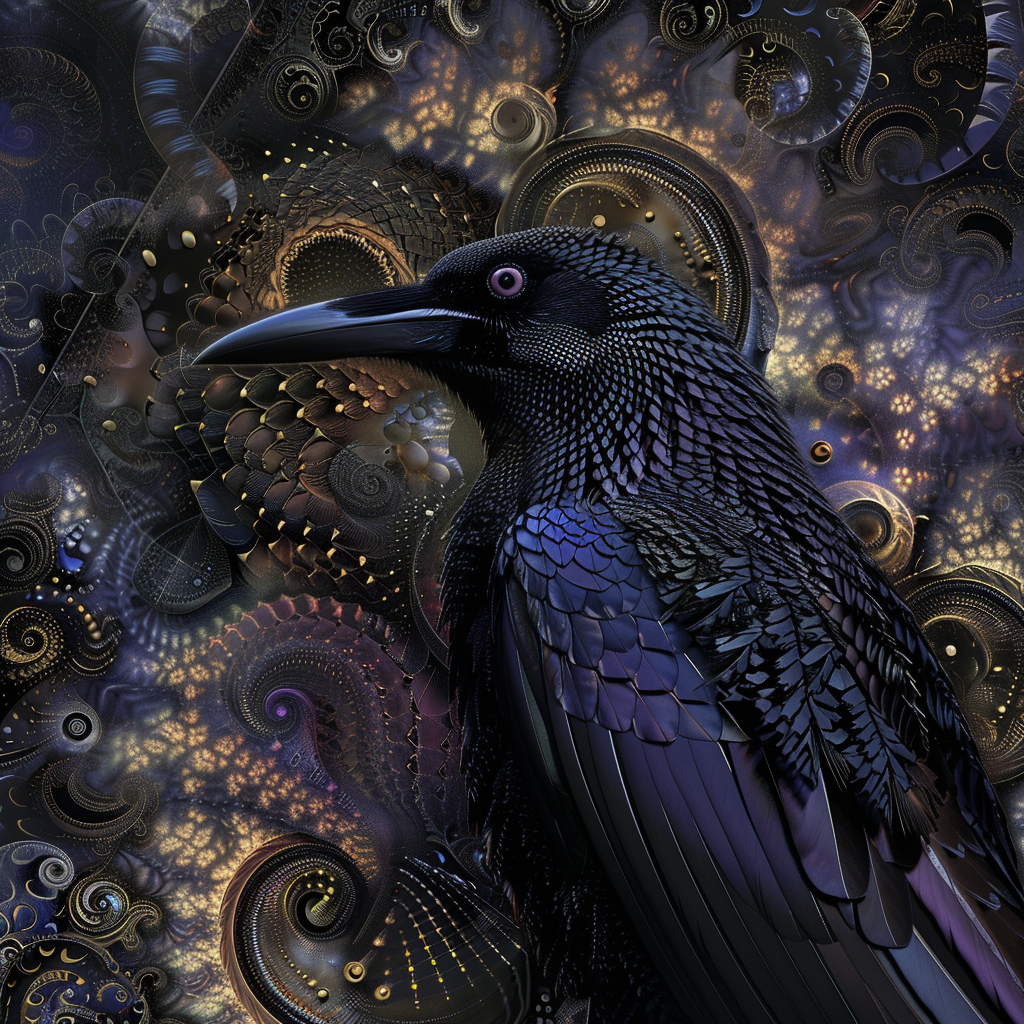 A striking profile photo featuring a crow against a mesmerizing, intricate background of swirling patterns and colors, showcasing the bird's rich black feathers and detail.