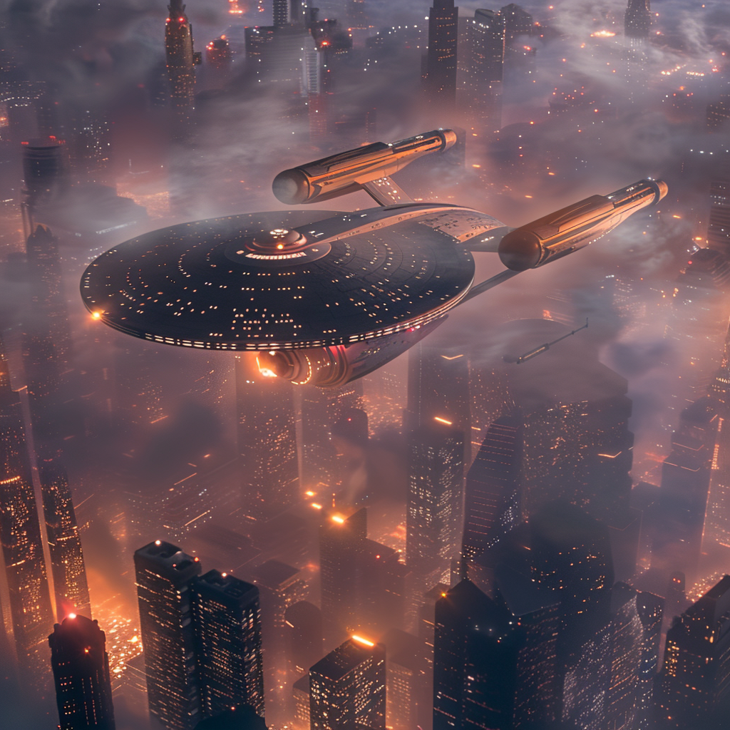 Avatar of the USS Enterprise spacecraft soaring above futuristic cityscape clouds at twilight.