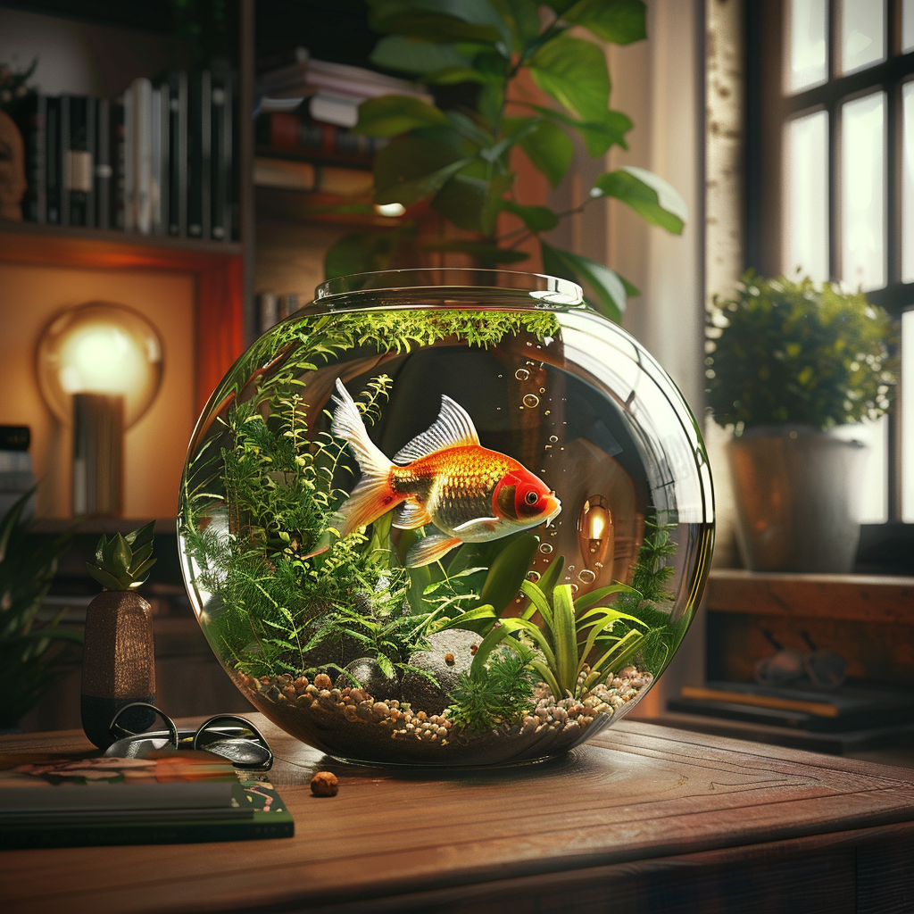 A vibrant fish bowl featuring a colorful goldfish and lush aquatic plants, set against a cozy room backdrop, serves as a charming forum avatar.